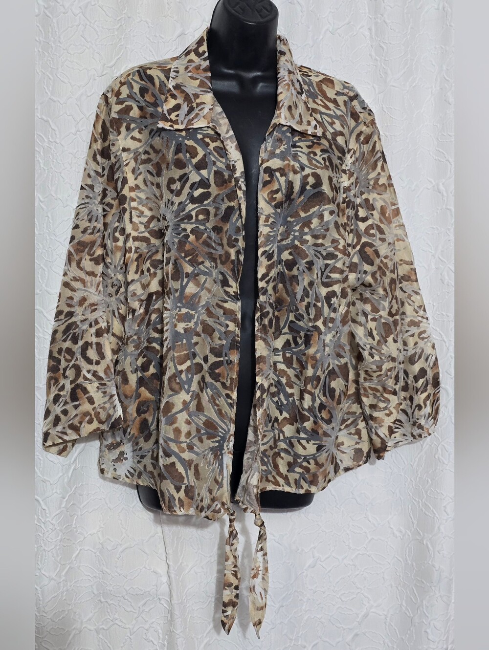 Alfred Dunner Plus Tie Open Front Print Top Blouse Sheer Animal Print  24W